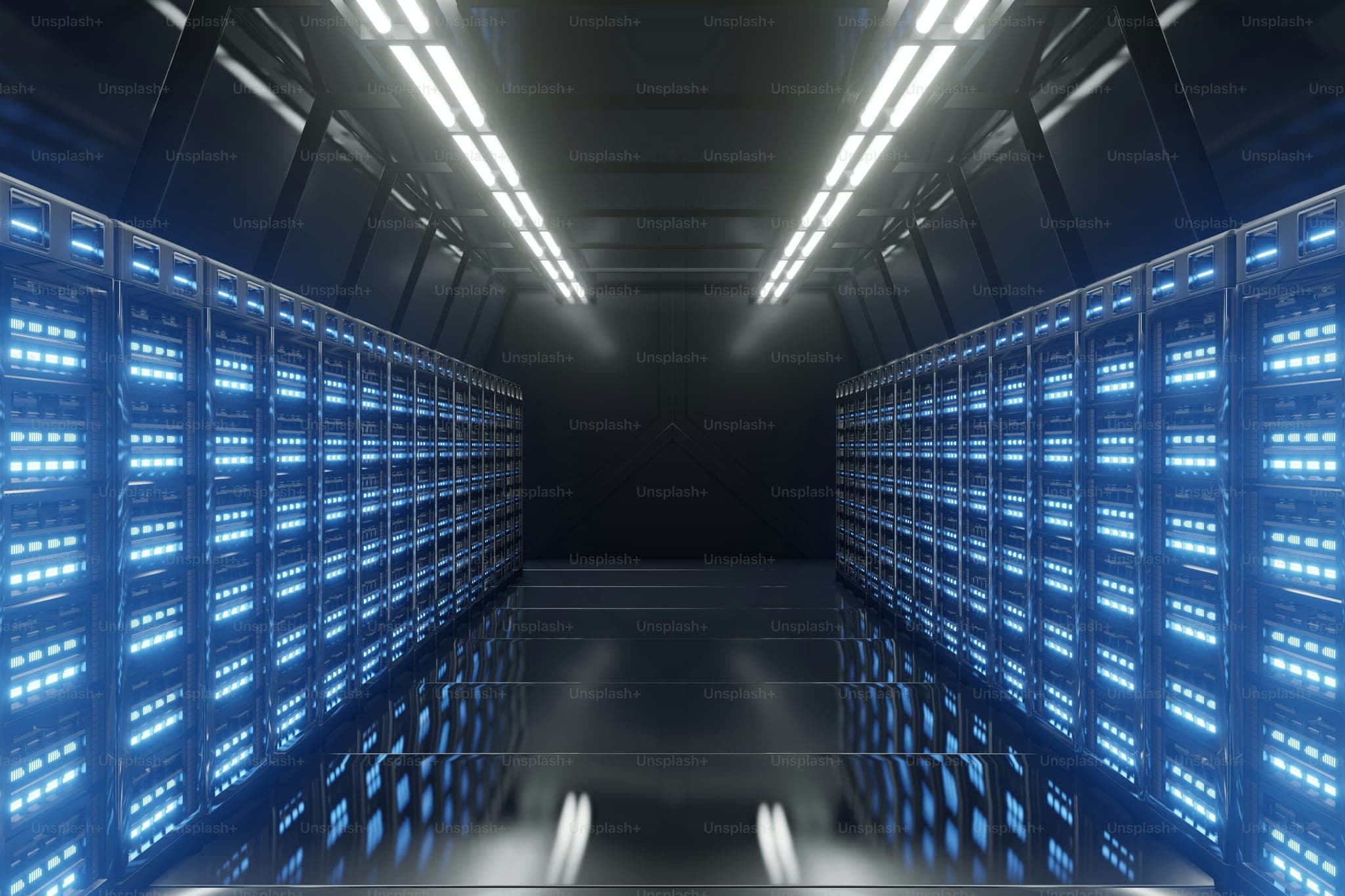 Dark Server Room Network with blue lights,3D rendering