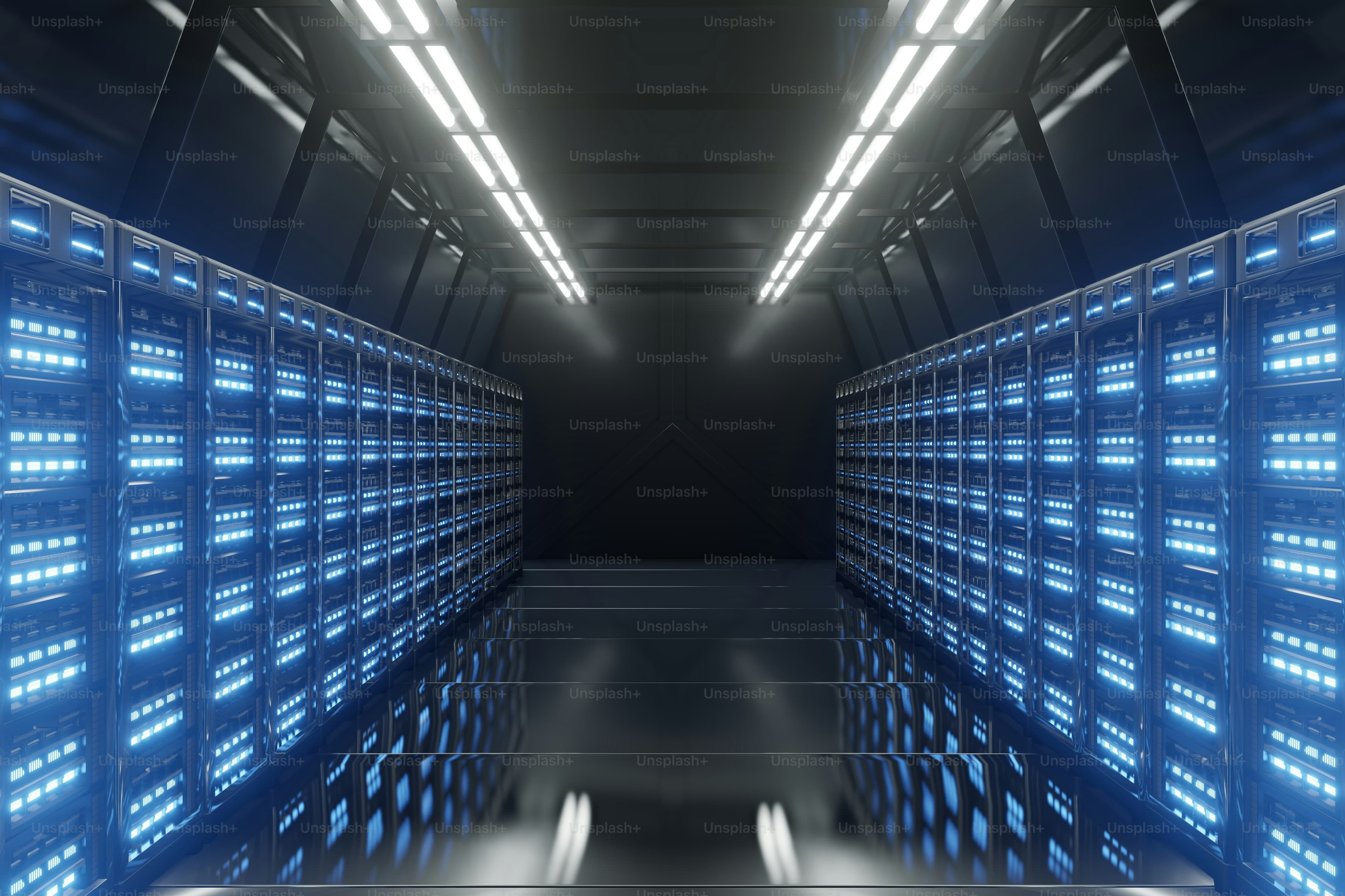 Dark Server Room Network with blue lights,3D rendering