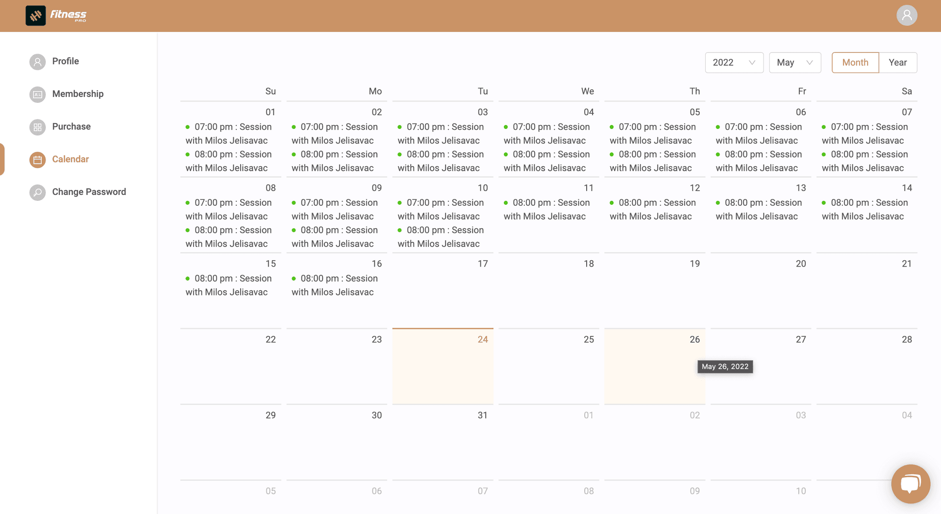 Booking Calendar for easy management of sessions