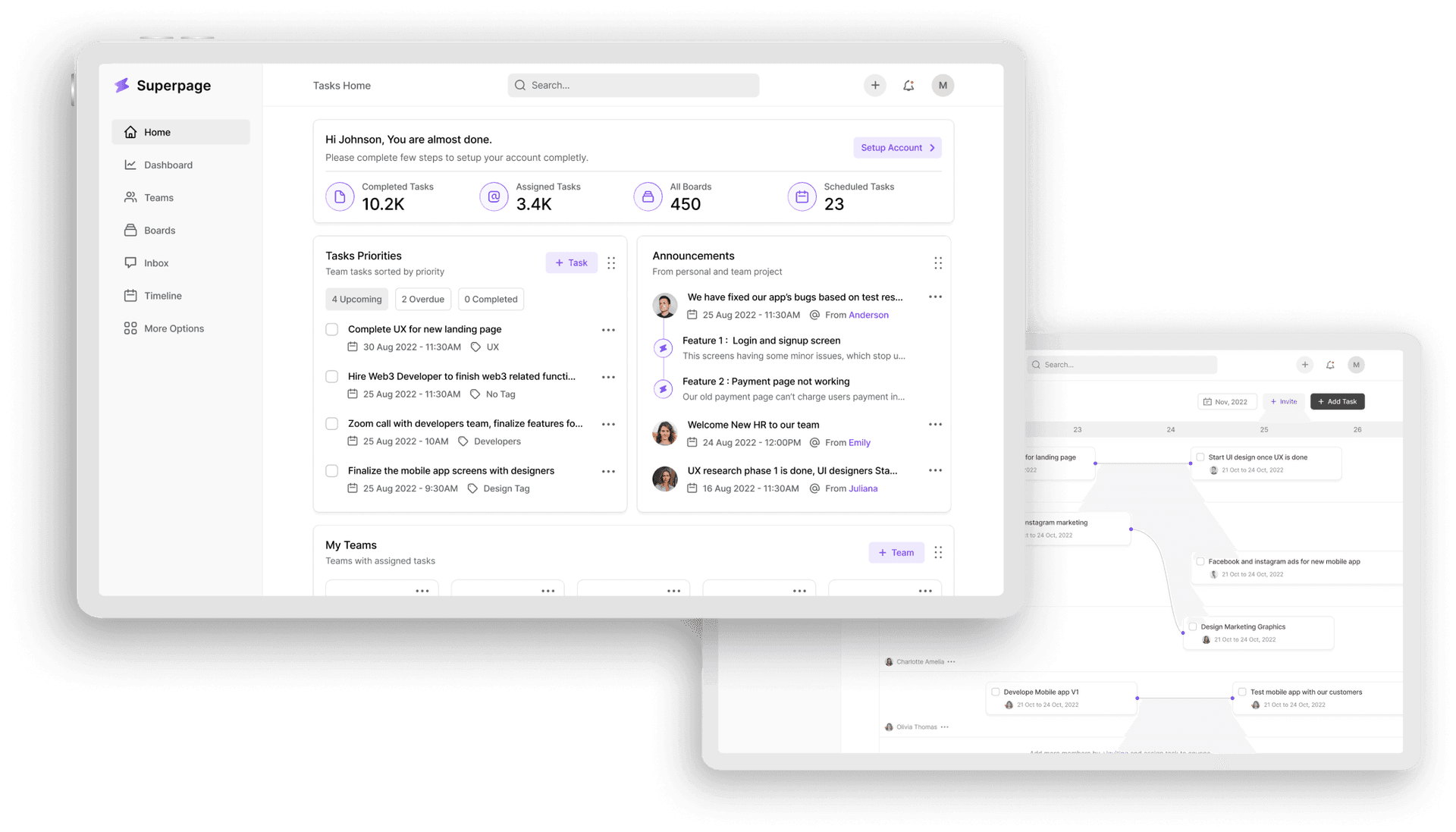 Superpage project management dashboard